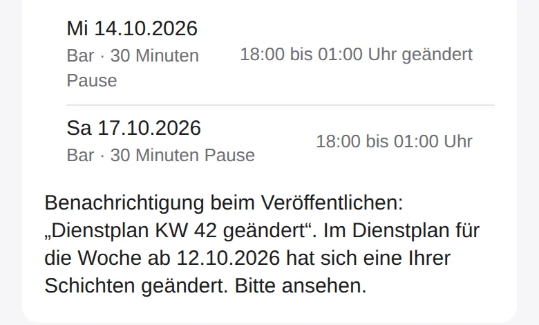 Vorschau im Dienstplan, so sieht es der Mitarbeiter: zwei Bar-Schichten von 18:00 bis 01:00 Uhr und der Hinweis „Dienstplan KW 42 geändert“.