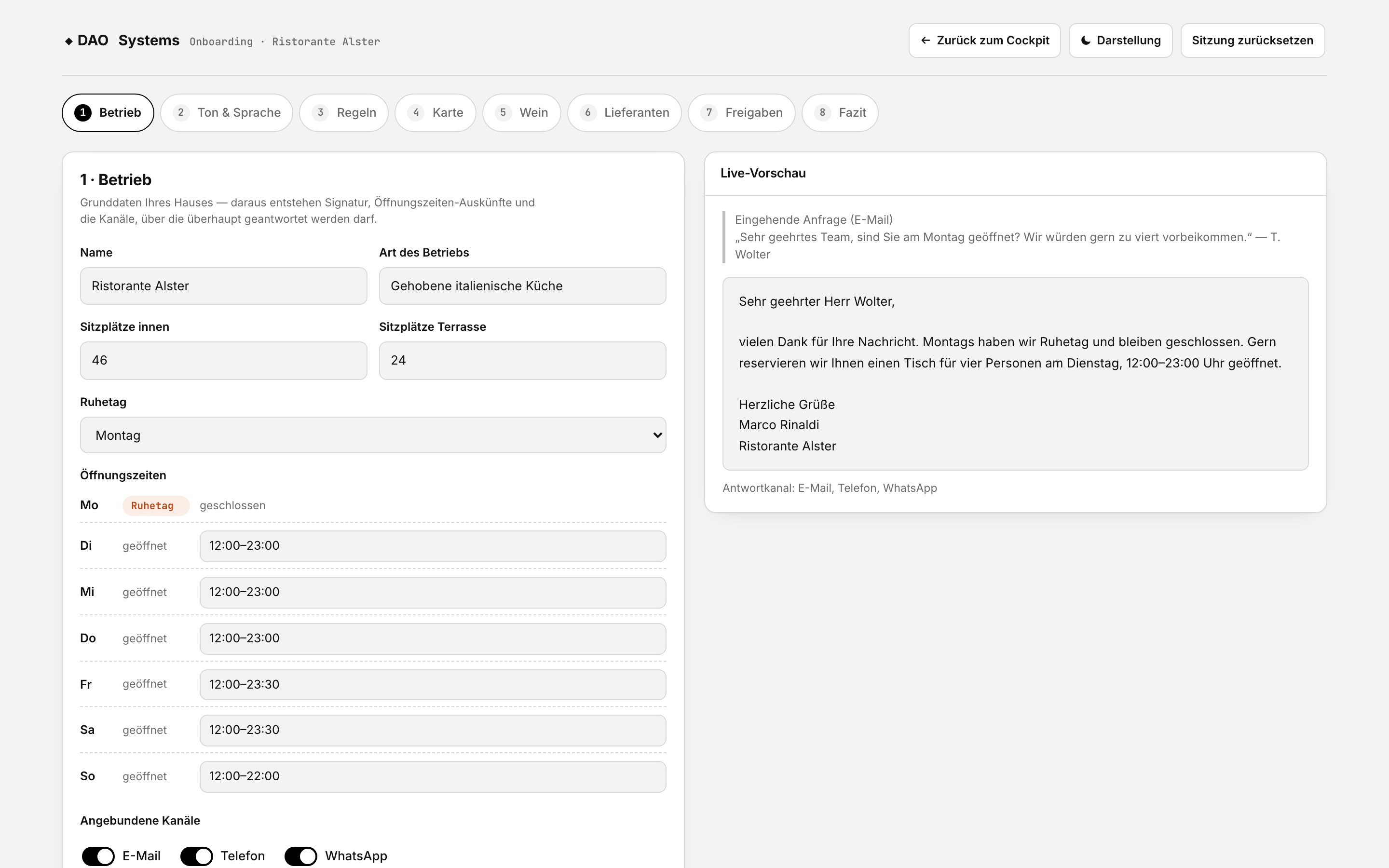 Erster Schritt der Onboarding-Demo: Betriebsdaten und Kanäle des Restaurants.