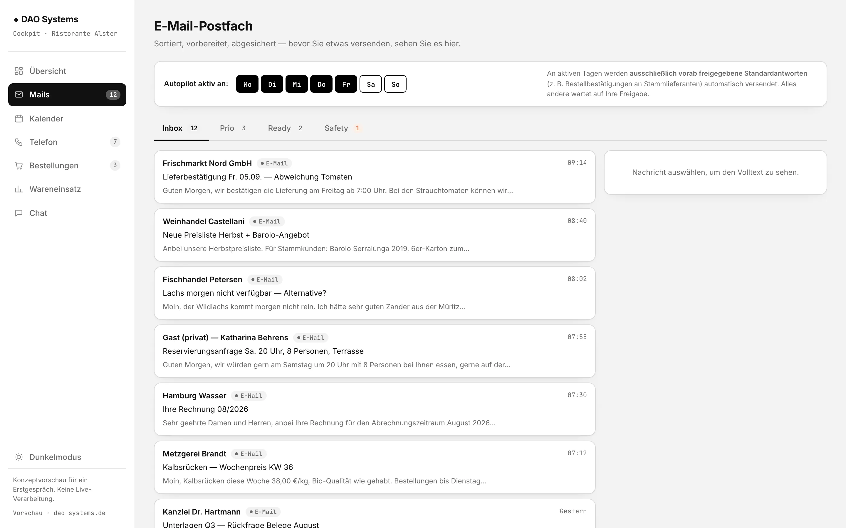 Mail-Bereich des Cockpits: Posteingang mit Prioritäten, vorbereiteten Antworten und zurückgehaltener verdächtiger Mail.