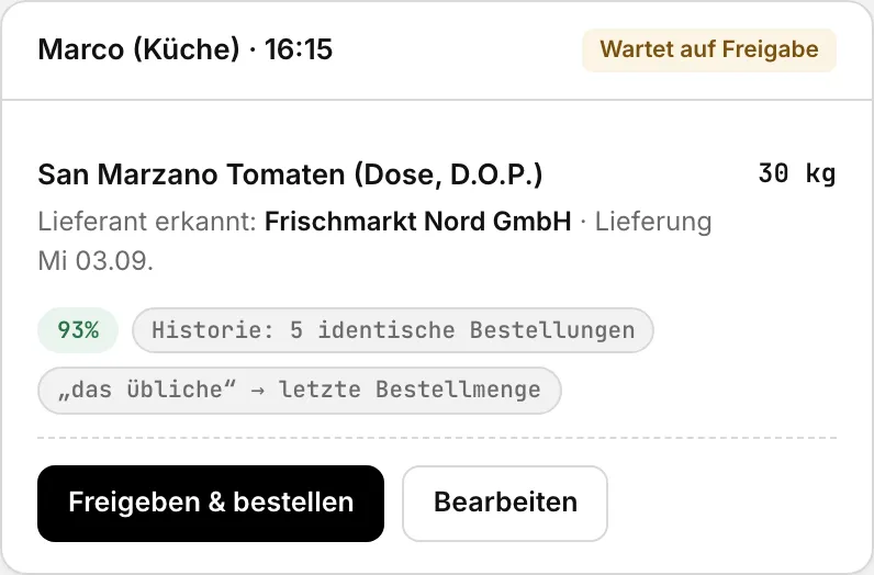 Bestellvorschlag: 30 kg San Marzano beim Stammlieferanten, Status wartet auf Freigabe.