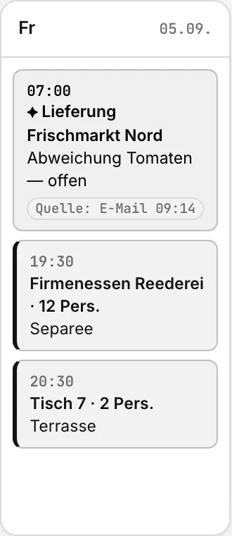 Kalender-Spalte Freitag mit der erkannten Lieferung und dem Hinweis auf die offene Abweichung.