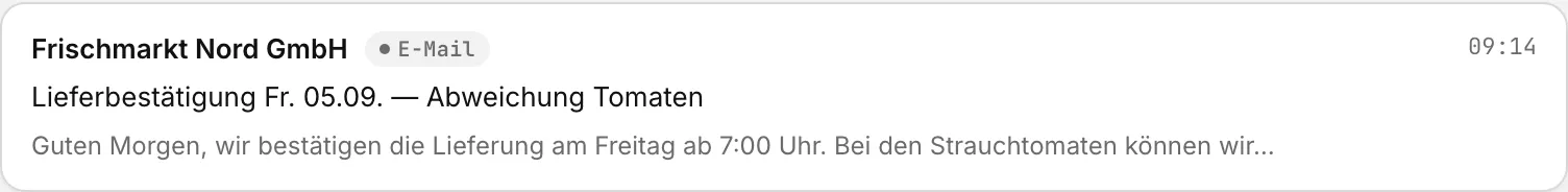 Mail-Karte im Cockpit: Lieferbestätigung mit Abweichung bei den Tomaten.